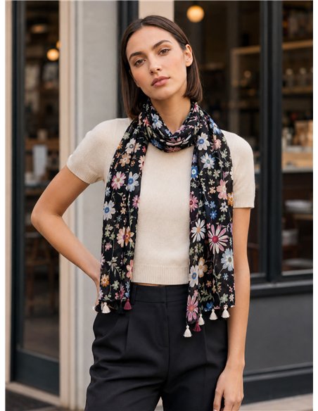 Fular floral con borlas
