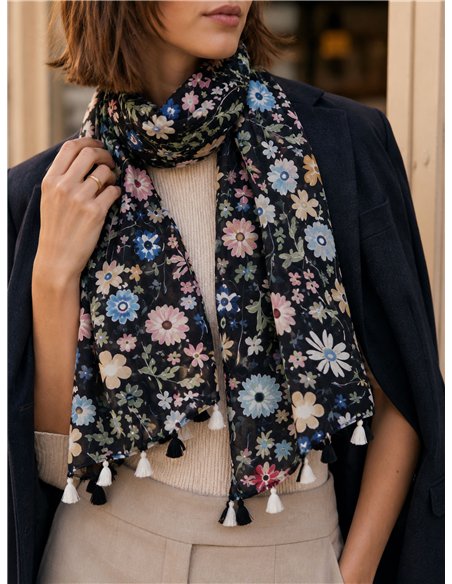 Fular floral con borlas