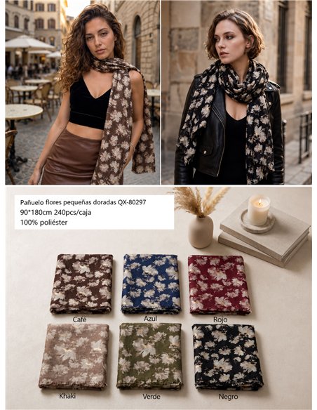 Fular floral con brillo dorado