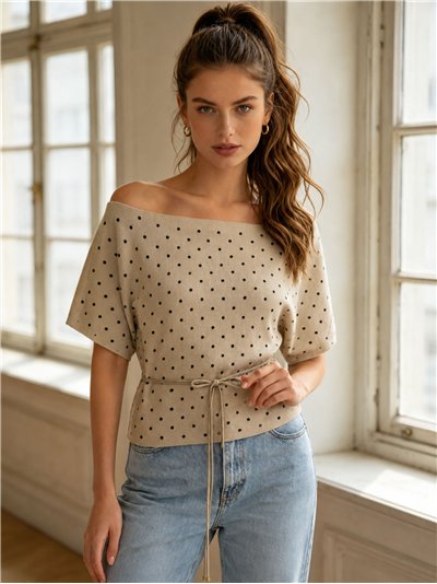 Polka dot boat-neck knit top