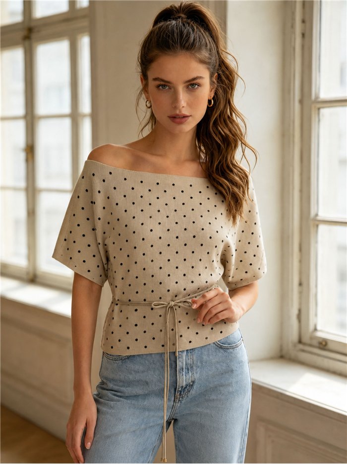 Polka dot boat-neck knit top