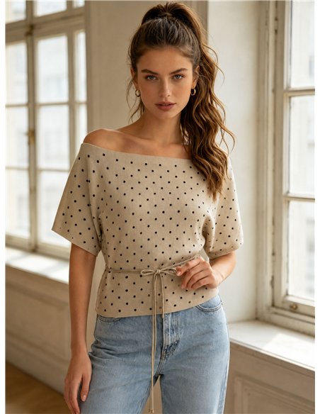 Polka dot boat-neck knit top