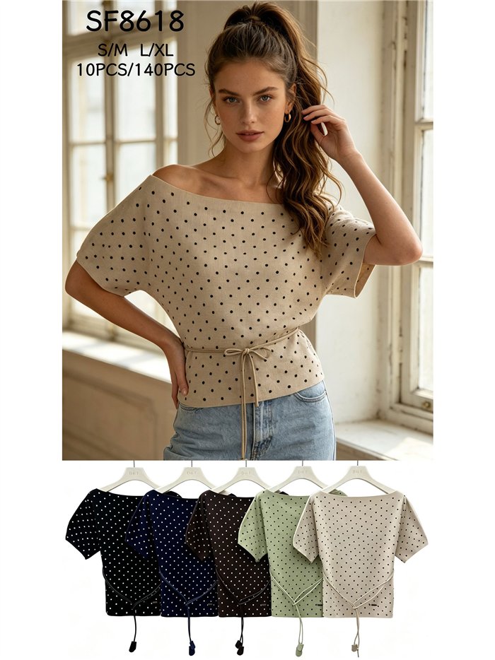Polka dot boat-neck knit top