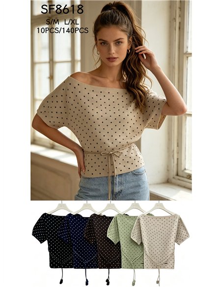 Polka dot boat-neck knit top