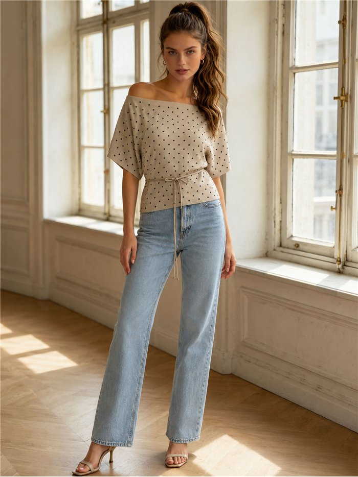 Polka dot boat-neck knit top
