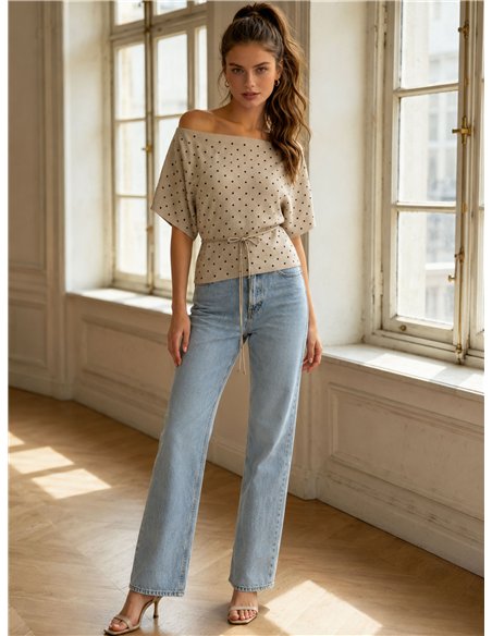 Polka dot boat-neck knit top