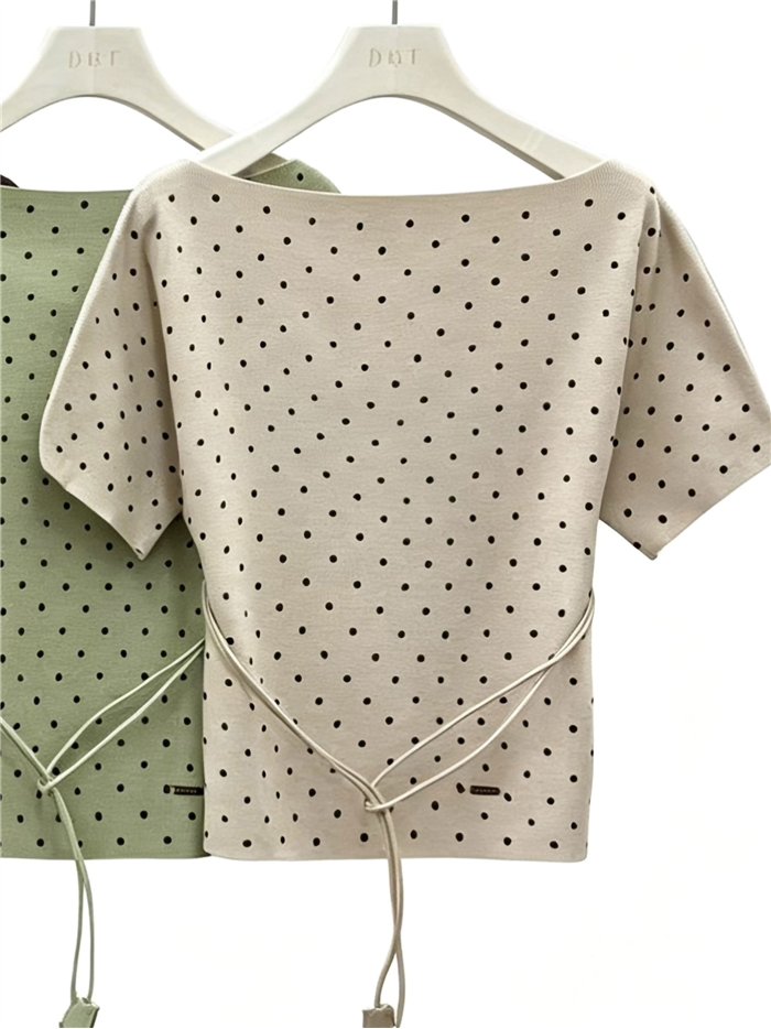 Polka dot boat-neck knit top