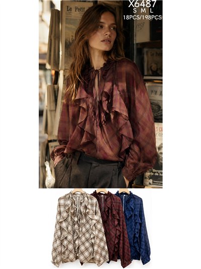 Blusa de cuadros volantes y lazada 2