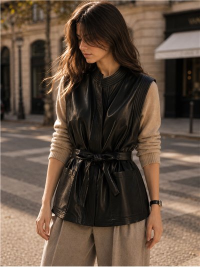 Faux leather belted utility vest