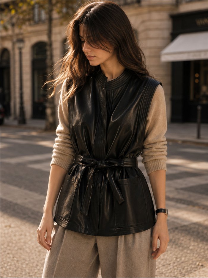 Gilet en similicuir avec ceinture et poches