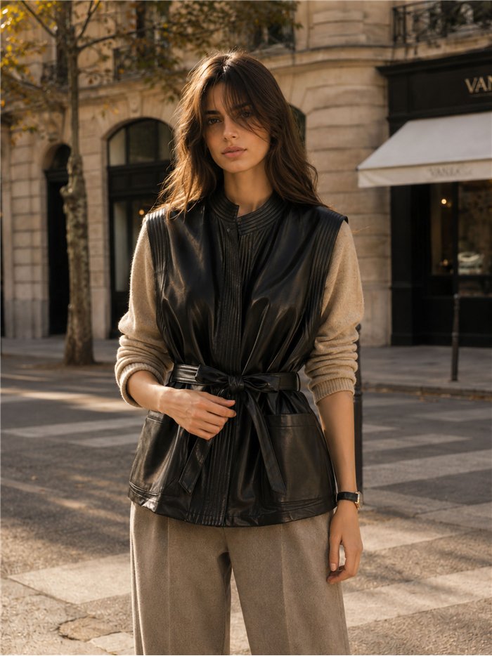 Gilet en similicuir avec ceinture et poches
