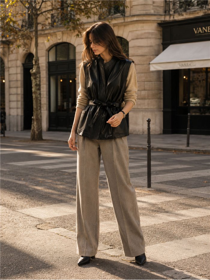 Gilet en similicuir avec ceinture et poches