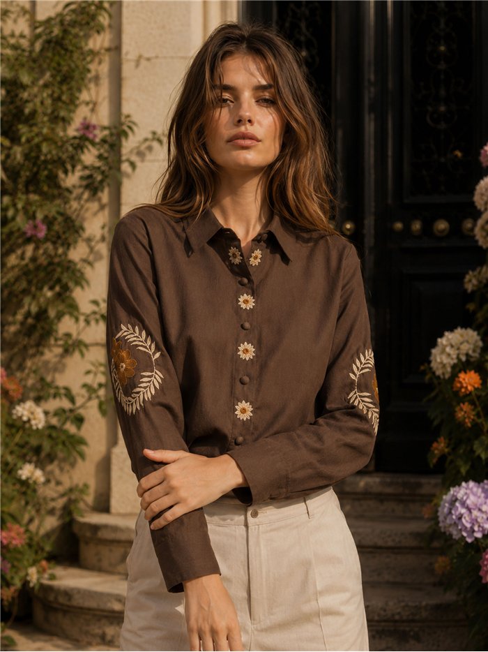 Camisa de algodón bordados florales