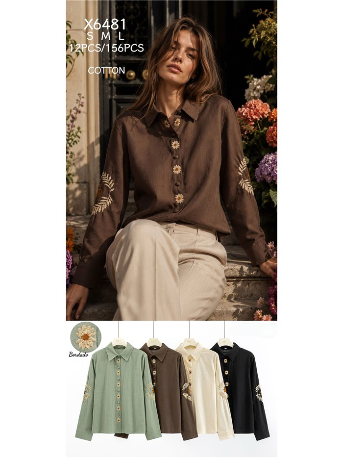 Camisa de algodón bordados florales