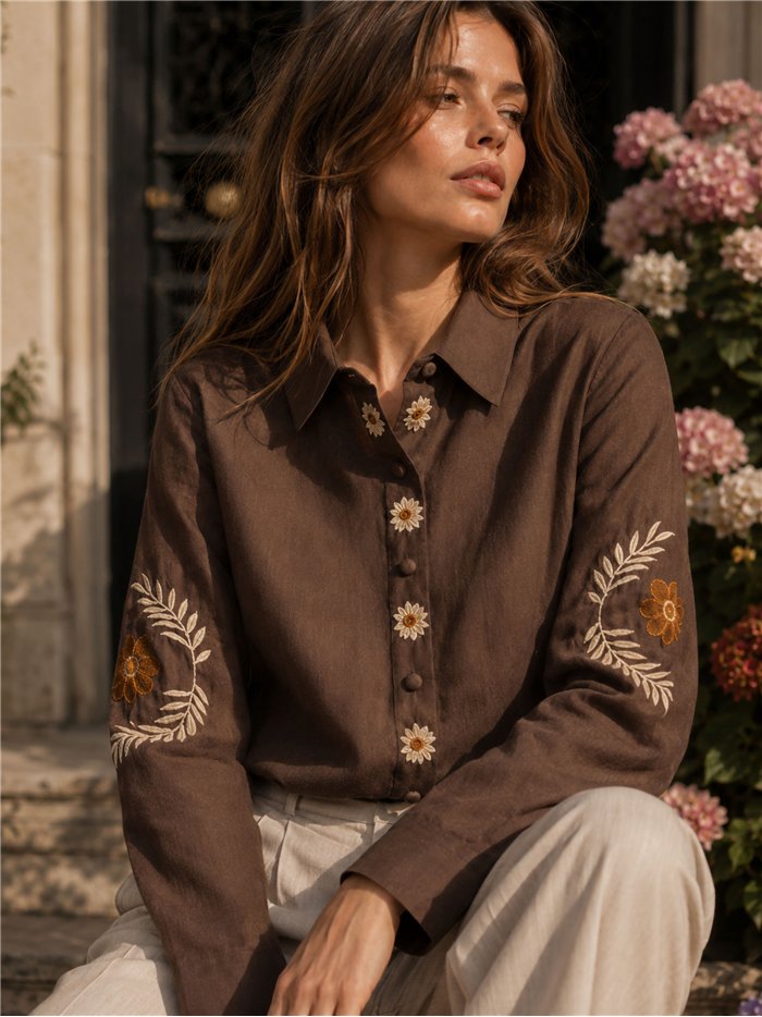 Camisa de algodón bordados florales