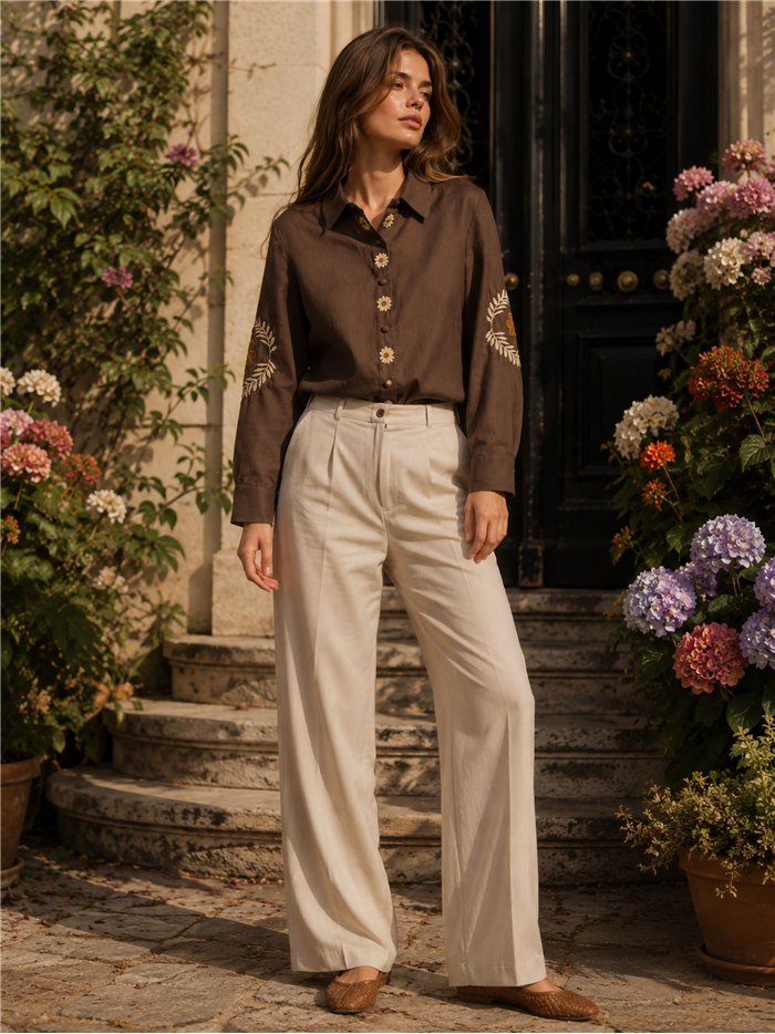 Camisa de algodón bordados florales