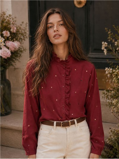 Ruffle heart embroidered cotton blouse