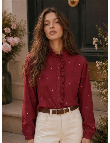 Ruffle heart embroidered cotton blouse