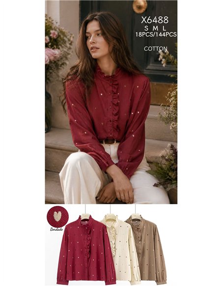 Ruffle heart embroidered cotton blouse