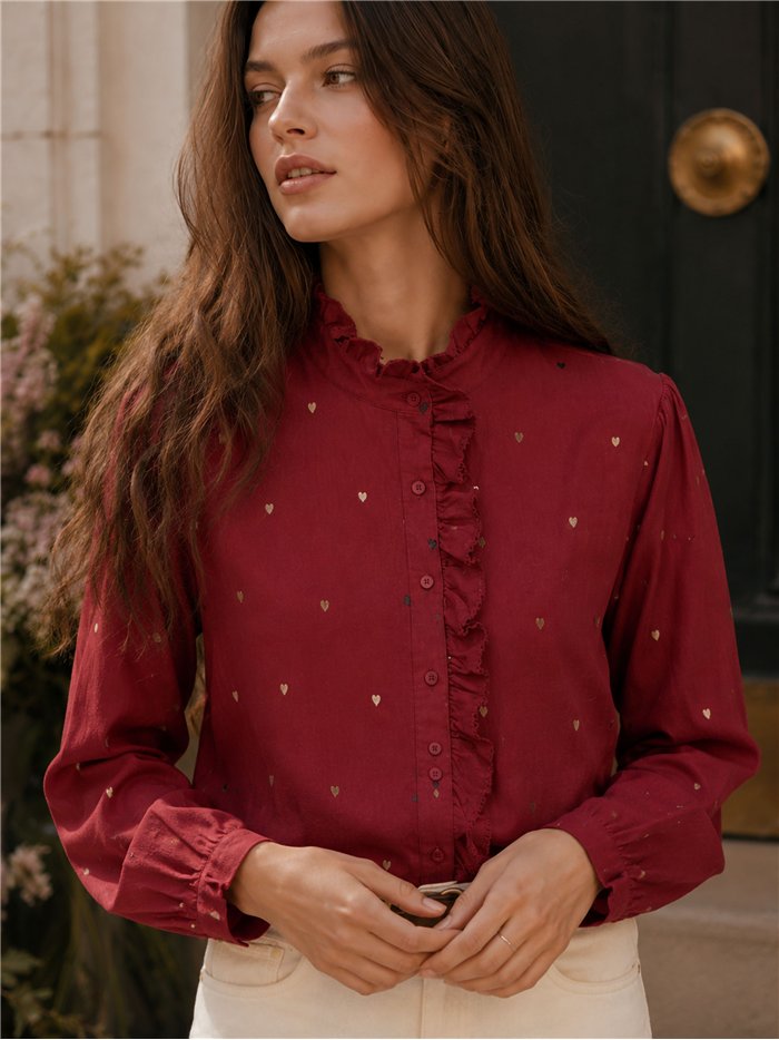 Ruffle heart embroidered cotton blouse