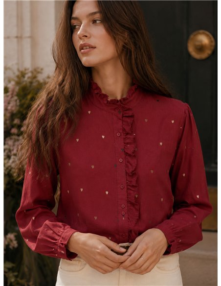 Ruffle heart embroidered cotton blouse