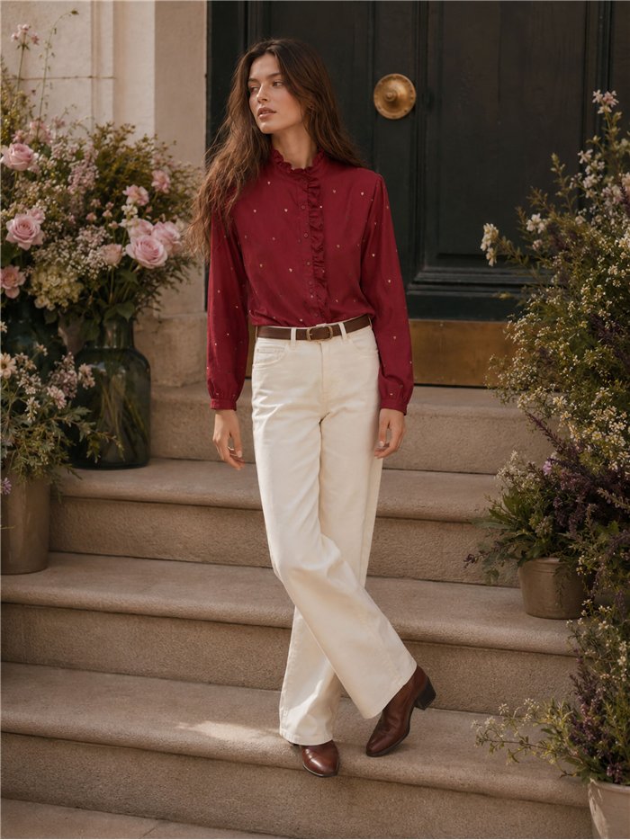 Ruffle heart embroidered cotton blouse
