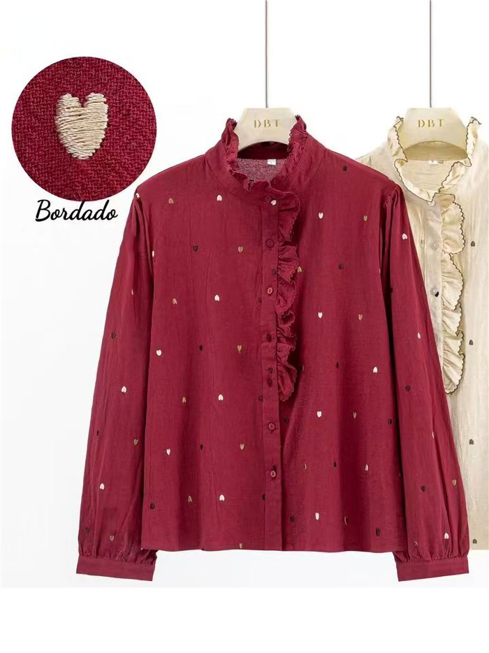 Ruffle heart embroidered cotton blouse