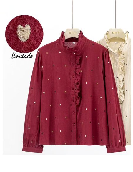 Ruffle heart embroidered cotton blouse