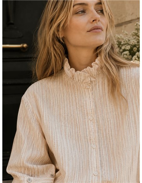 Blusa listrada com gola franzida