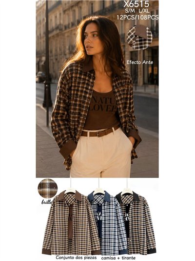 Conjunto camisa cuadros detalles efecto ante y top 2