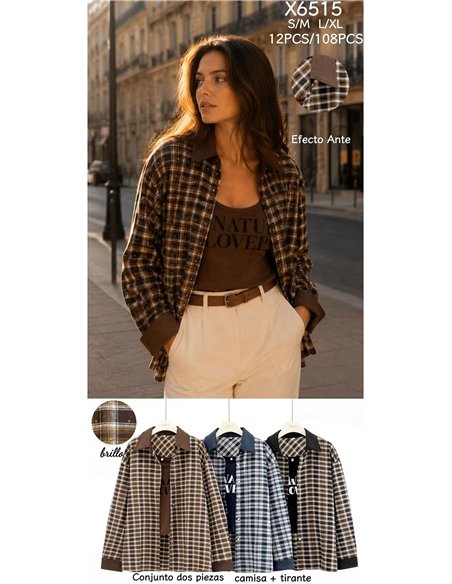 Conjunto camisa cuadros detalles efecto ante y top