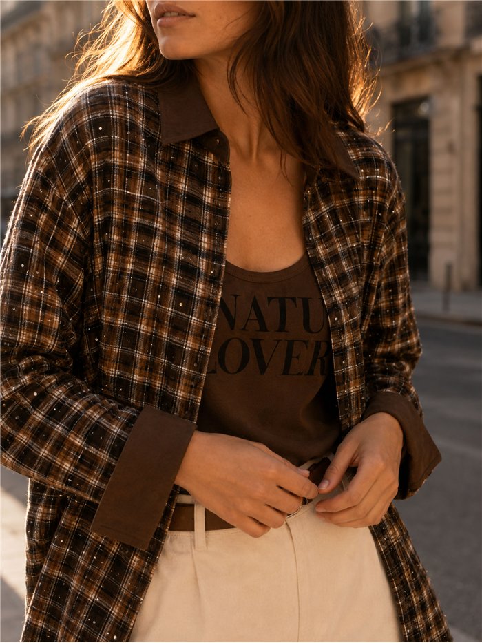 Conjunto camisa cuadros detalles efecto ante y top