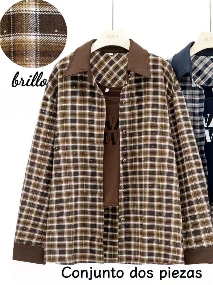 Conjunto camisa cuadros detalles efecto ante y top