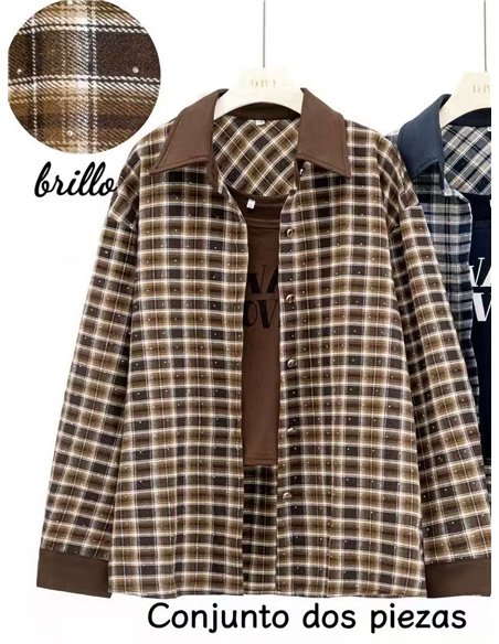 Conjunto camisa cuadros detalles efecto ante y top