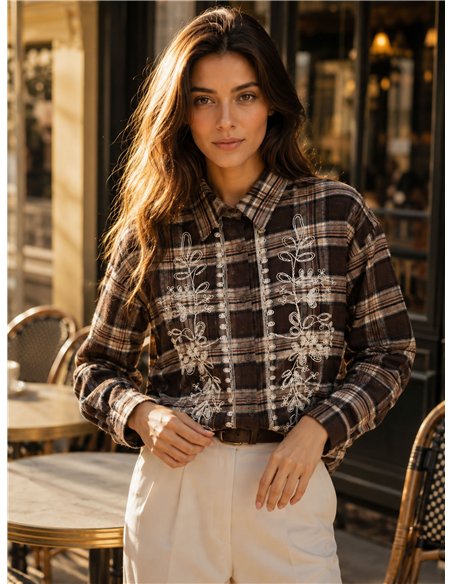 Camicia a quadri con ricami floreali