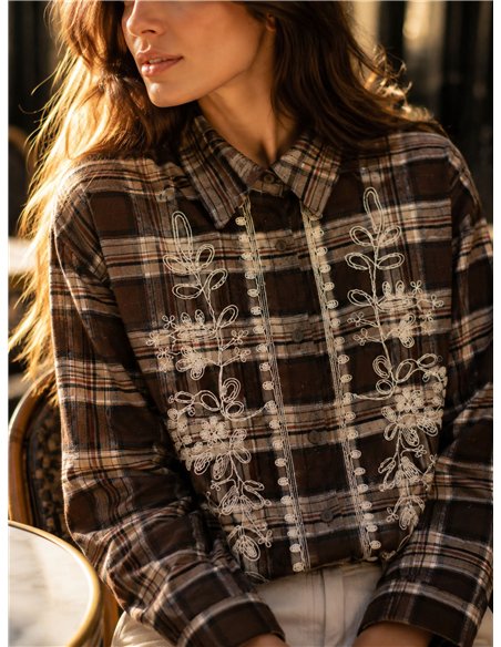 Camicia a quadri con ricami floreali