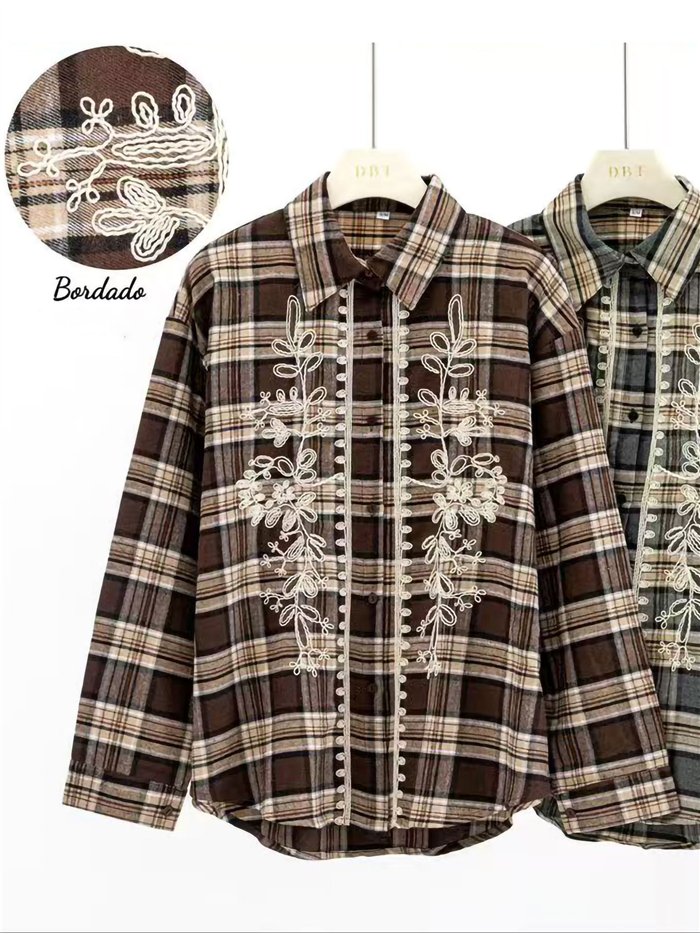 Camicia a quadri con ricami floreali