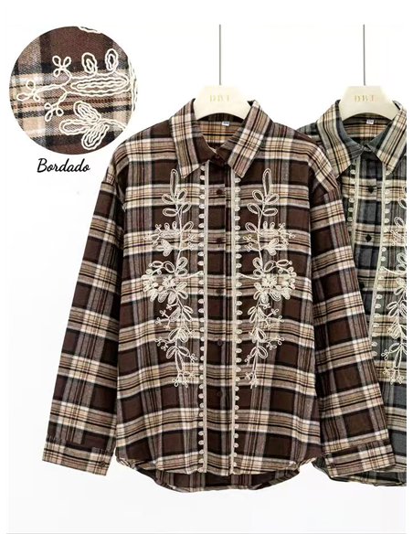 Camicia a quadri con ricami floreali