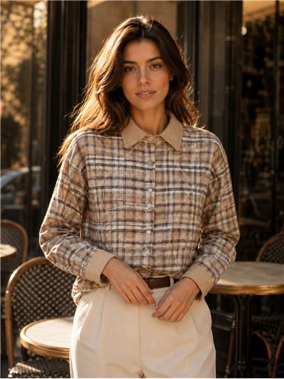 Camicia a quadri lucida con colletto effetto camoscio