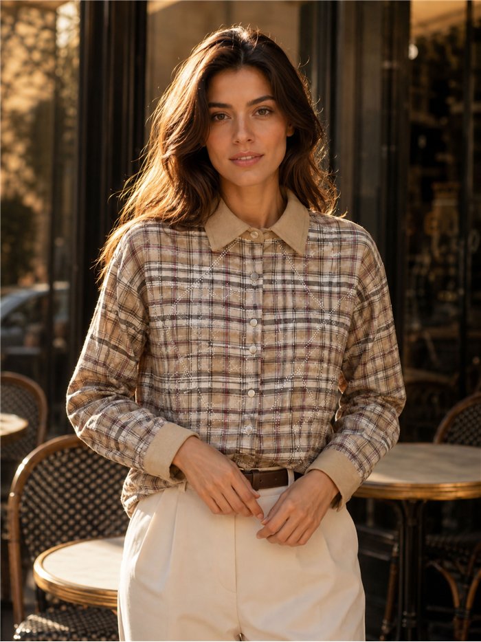Camicia a quadri lucida con colletto effetto camoscio