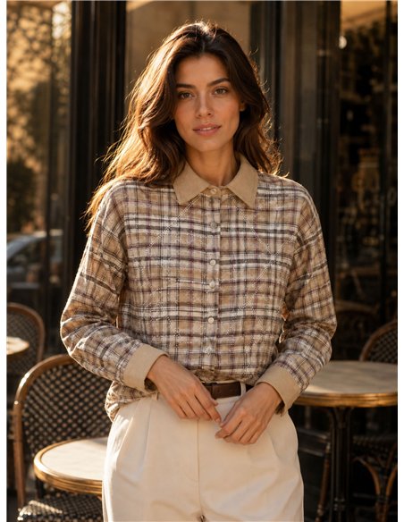 Camicia a quadri lucida con colletto effetto camoscio