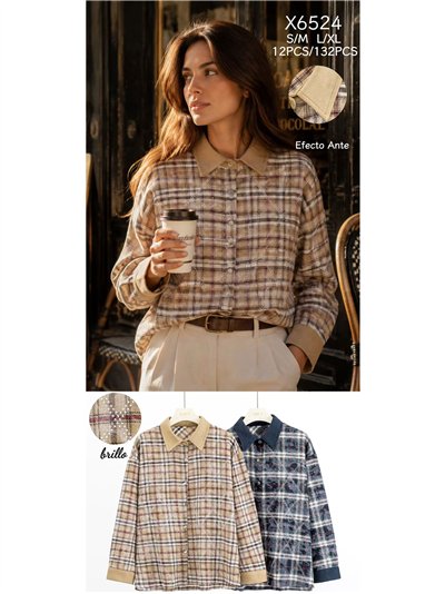 Camicia a quadri lucida con colletto effetto camoscio 2
