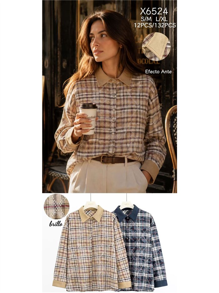 Camicia a quadri lucida con colletto effetto camoscio