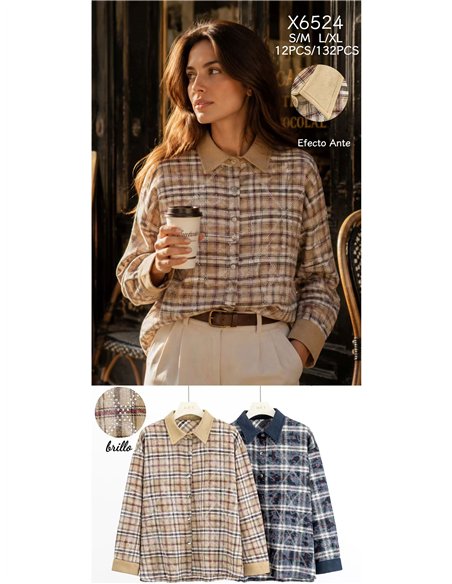 Camicia a quadri lucida con colletto effetto camoscio