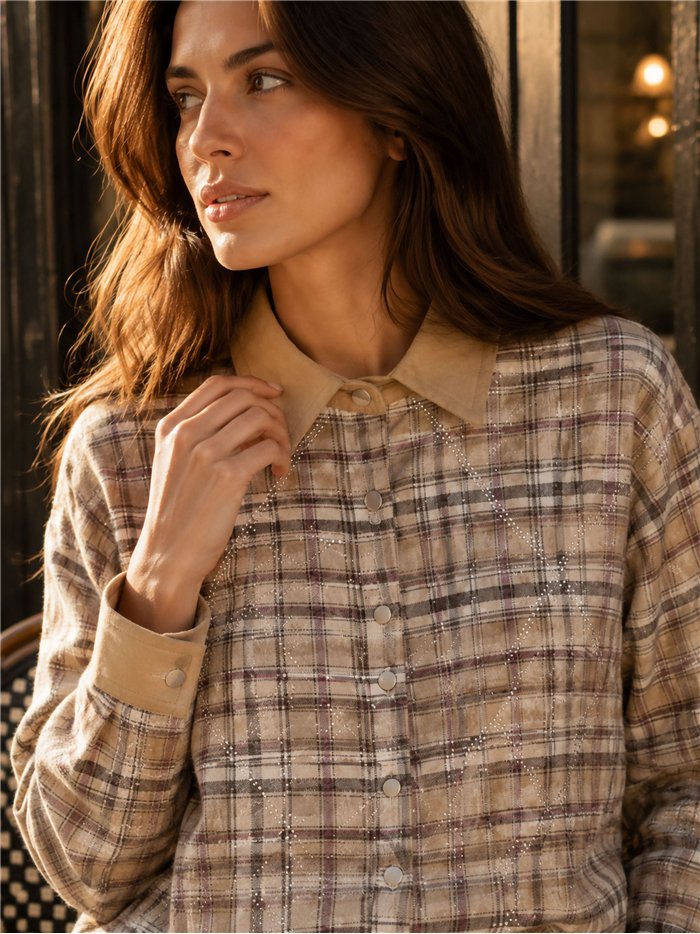 Camicia a quadri lucida con colletto effetto camoscio
