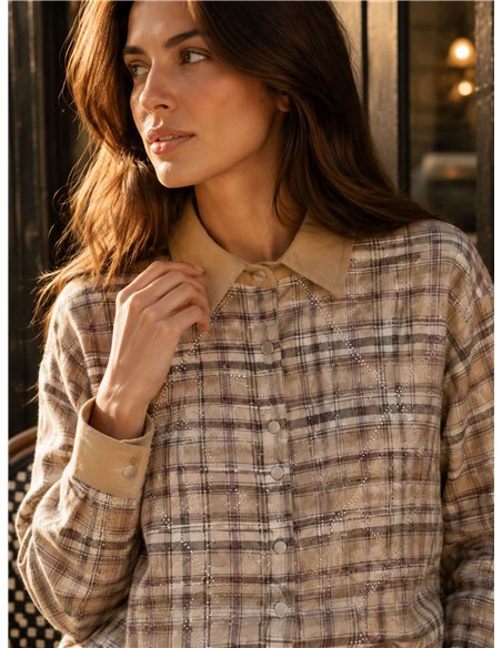 Camicia a quadri lucida con colletto effetto camoscio