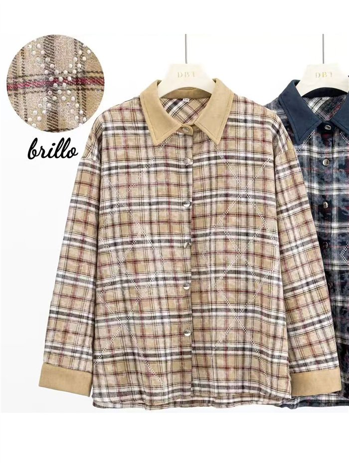 Camicia a quadri lucida con colletto effetto camoscio