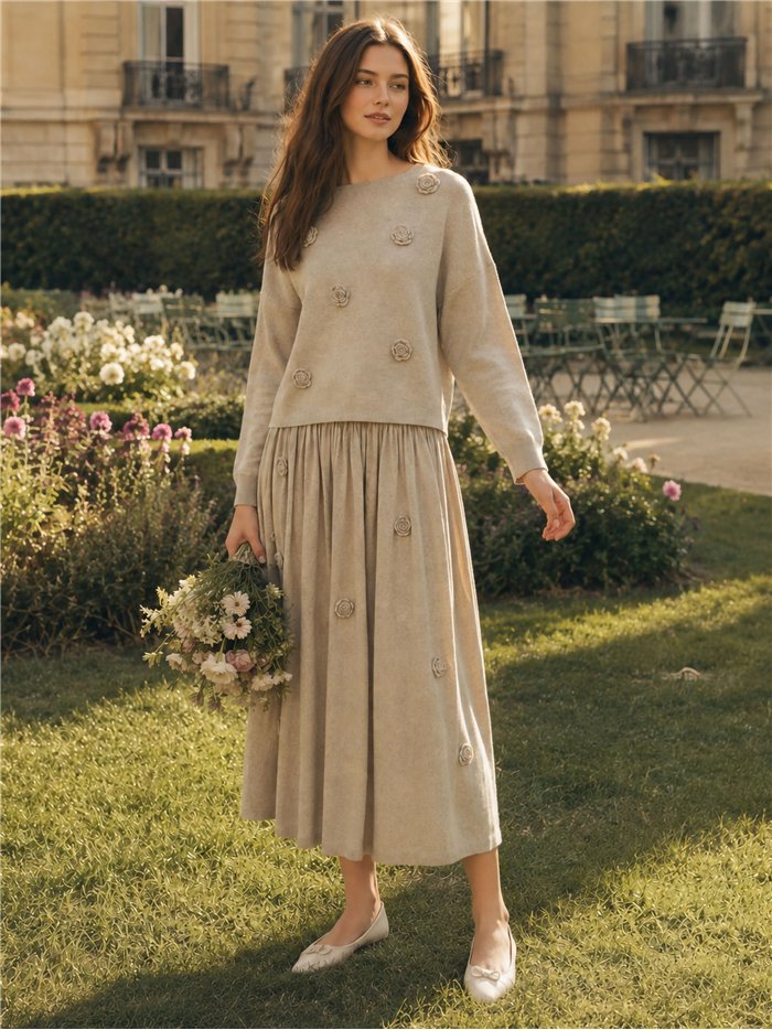 gonna midi in maglia con stampa floreale 3D