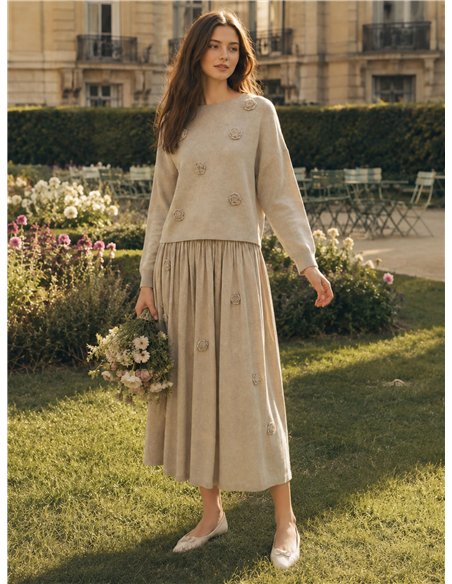 gonna midi in maglia con stampa floreale 3D