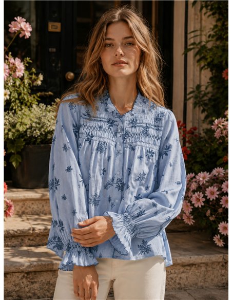 Blusa algodón bordada nido de abeja